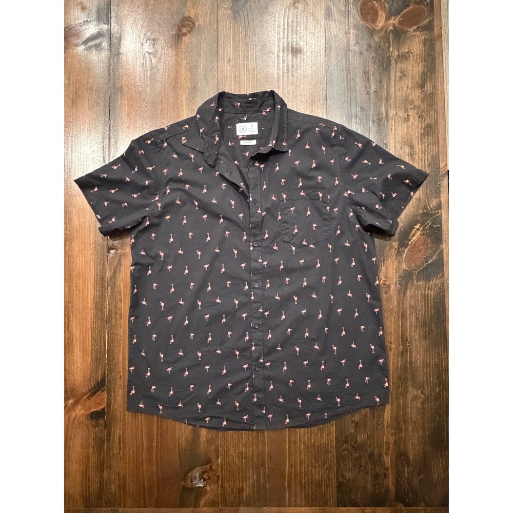 Hurley Mens XL Black Pink Flamingo Print Short Sleeve Button Down Stretch Shirt